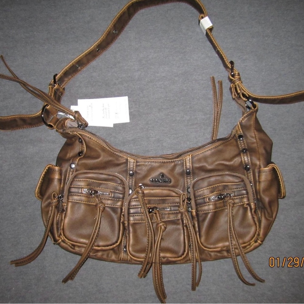 brown angle kiss leather purse
